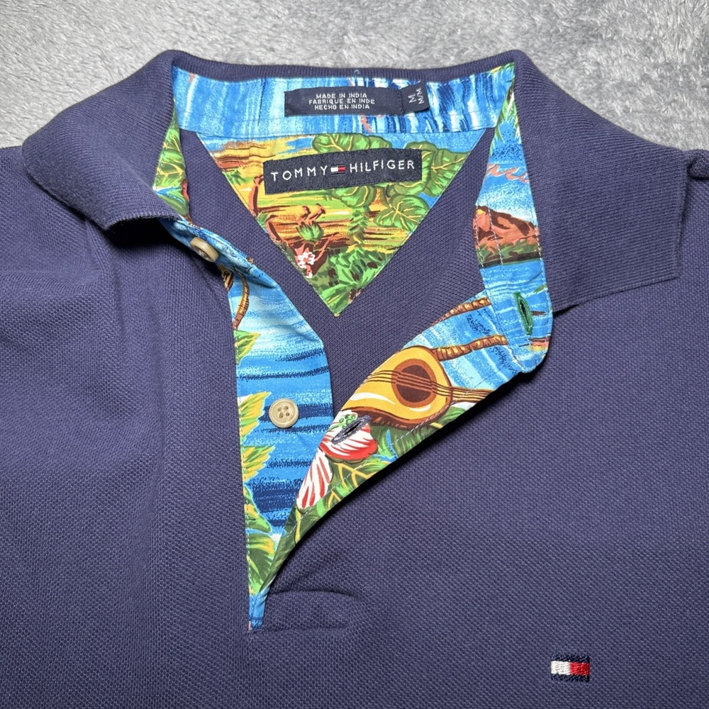 Tommy Hilfiger Men's Medium Navy Blue Polo Short Sleeve Shirt Tropical Collar - Picture 1 of 16